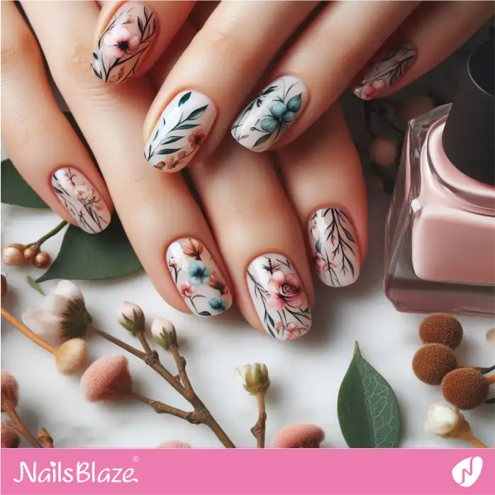 Watercolor Floral Design Short Nails | Paint Nail Art - NB2257